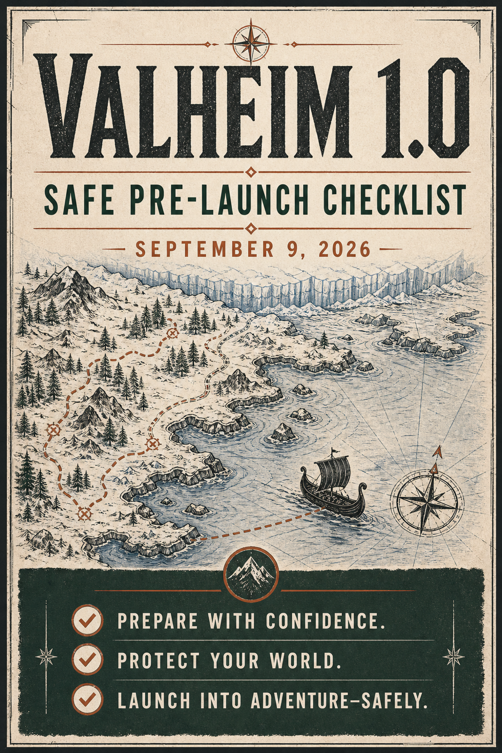 Valheim 1.0 safe pre-launch checklist on a hand-drawn Nordic expedition map