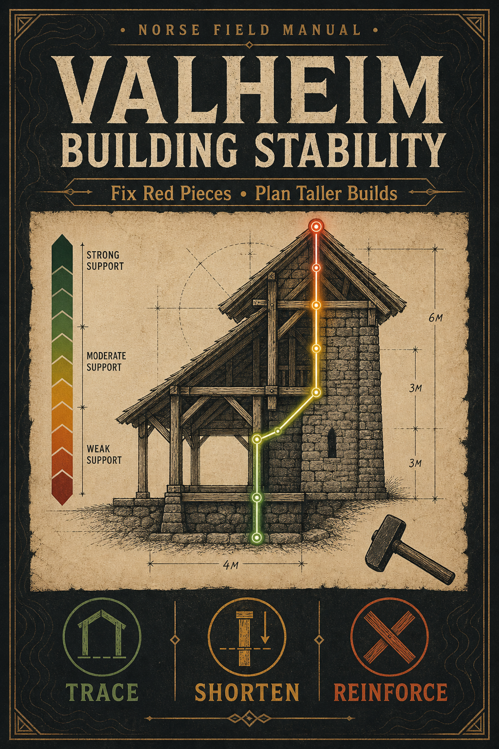 Valheim building stability field-manual poster showing a colored support path from ground to roof ridge