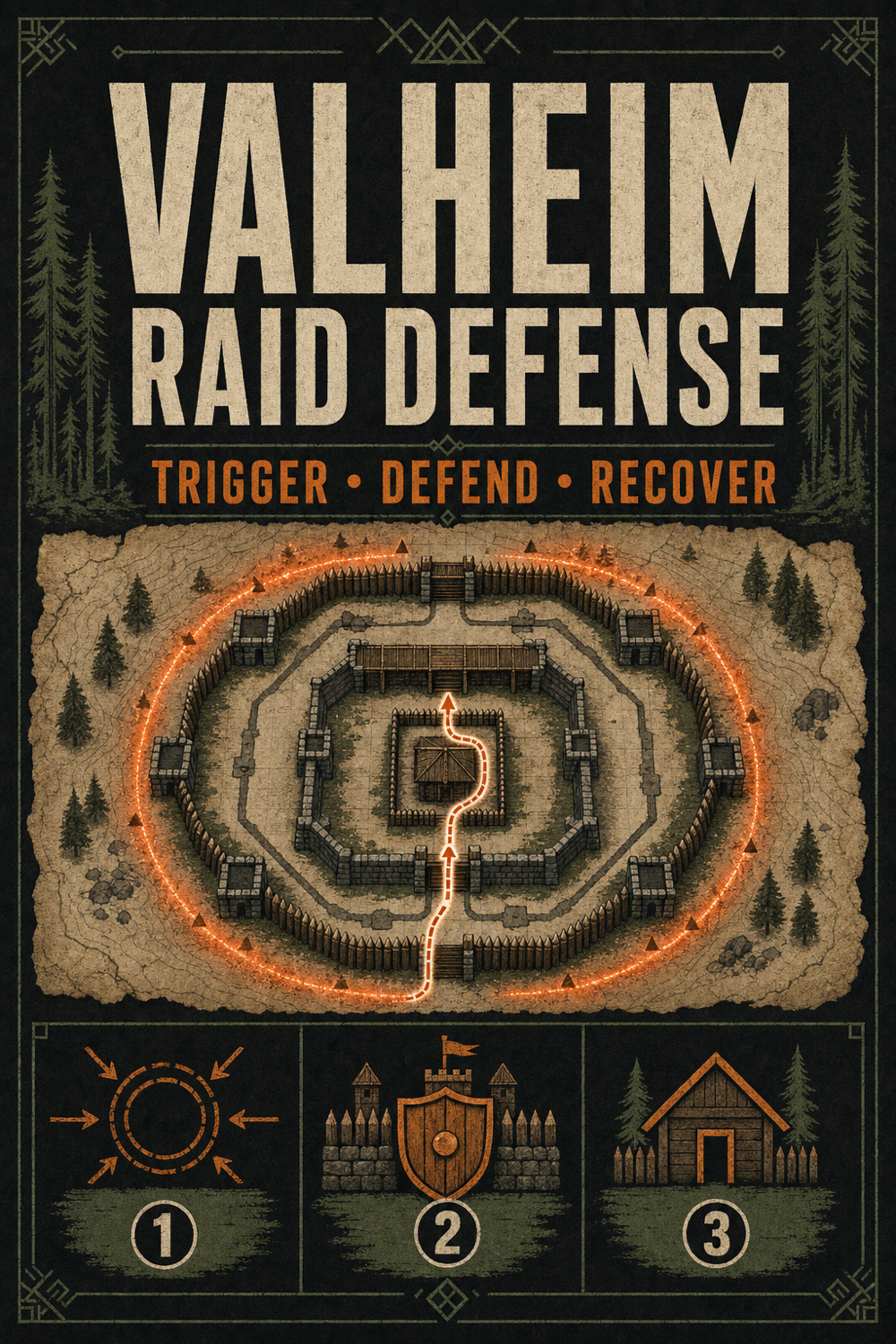 Valheim raid defense field-manual poster with a layered base, warning ring, and trigger-to-recovery route