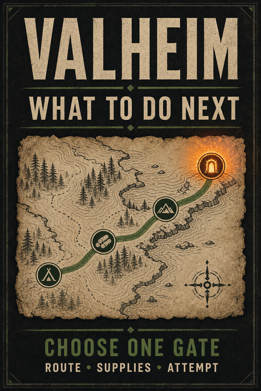 Valheim progression field-manual poster showing one route through four decision gates