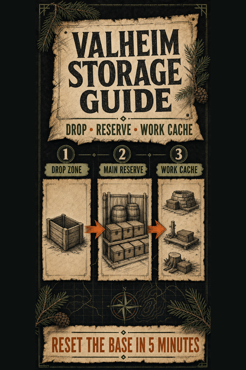Valheim storage field-manual poster with a three-step route from drop zone to reserve to work cache
